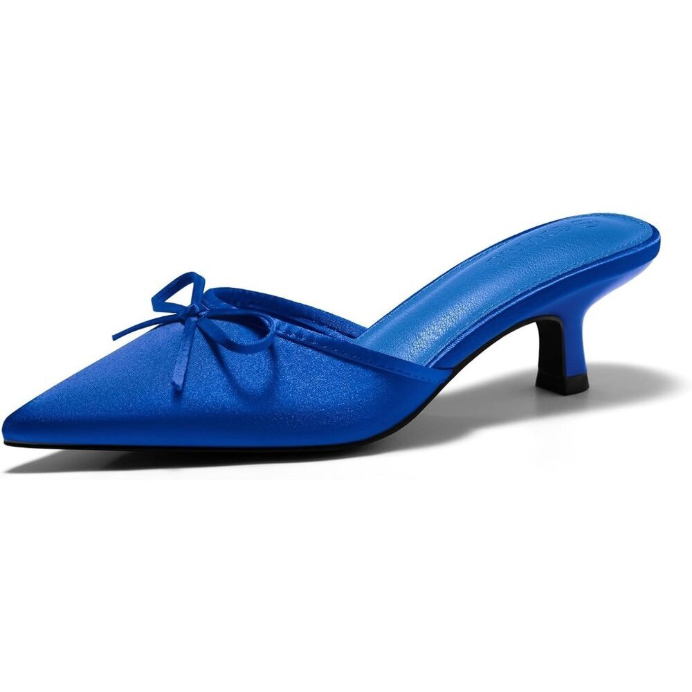 Women's Blue Kitten Heels Mules with Bow Satin Slip on Pumps Pointed Toe